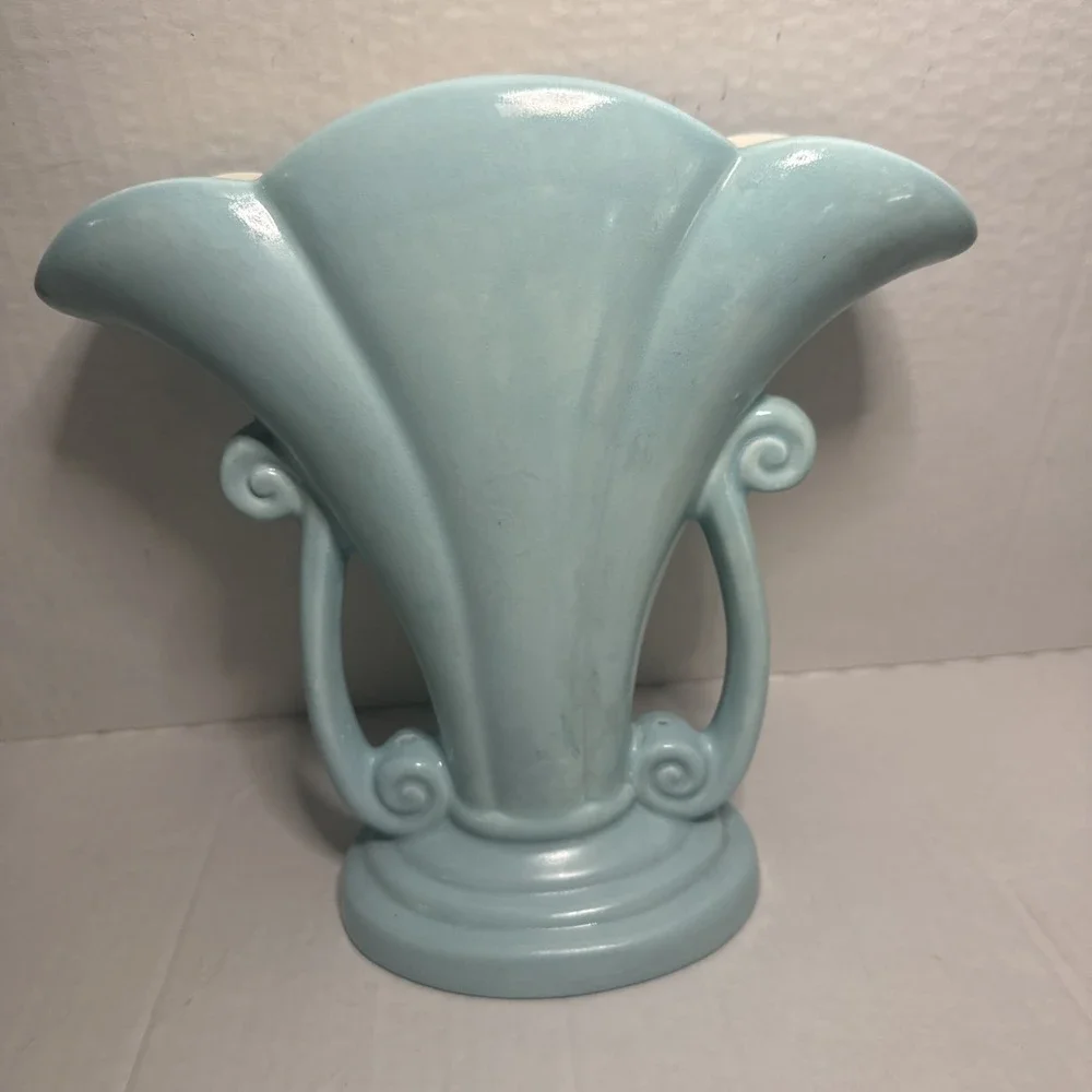 Vintage '72 Studio Art Deco Pottery Fan Vase Turquoise Scroll Handles Signed